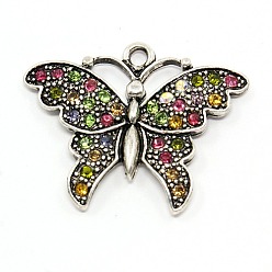 Couleur Mélangete Pendentifs alliage papillon en strass, Grade a, couleur mixte, 28x34x3mm, Trou: 3mm