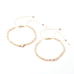 PeachPuff Nylon Thread Braided Bead Bracelets Sets, with Electroplate Glass Beads & Brass Beads, Heart, PeachPuff, Inner Diameter: 2-3/8 inch(6.1~11cm), 2pcs/set