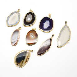 Mixed Color Natural Agate Pendants, with Golden Tone Brass Findings, Dyed, Nuggets, Mixed Color, 41~63x17~34x2.5~4.5mm, Hole: 3.5x5.5mm
