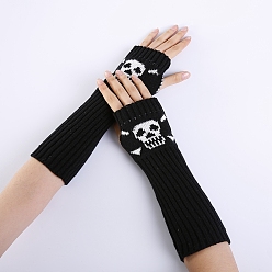 Black Polyacrylonitrile Fiber Yarn Knitting Long Fingerless Gloves, Arm Warmer, Winter Warm Gloves with Thumb Hole, Skull Pattern, Black, 295~330x80mm