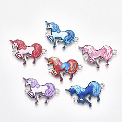 Mixed Color Printed Alloy Links connectors, with Enamel, Unicorn, Platinum, Mixed Color, 21x24.5x2mm, Hole: 2mm