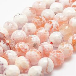 Orange Brins de perles d'agate craquelée de feu naturel à facettes, ronde, teints et chauffée, orange, 12mm, Trou: 1.5mm, Environ 30~32 pcs/chapelet, 14 pouce (35.6 cm)