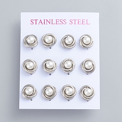 Stainless Steel Color 304 Stainless Steel Stud Earrings, Love Knot Earrings, with Plastic Imitation Pearl Beads and Ear Nuts, Stainless Steel Color, 11mm, Pin: 0.7mm, 6pairs/card