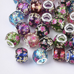 Mixed Color Printed Transparent Glass European Beads, Large Hole Beads, with Platinum Tone Brass Double Cores, Rondelle with Sakura Pattern, Mixed Color, 12x9.5mm, Hole: 5mm