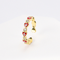 Red Brass Micro Pave Cubic Zirconia Open Cuff Rings with Enamel, Heart with Evil Eye, Red, Inner Diameter: 16~18mm