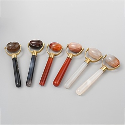 Mixed Color Natural Agate Brass Massage Tools, Facial Roller for Skin, Eyes, Neck, Raw(Unplated), Mixed Color, 107x35x18mm