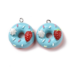 Cyan Opaque Resin Pendants, with Platinum Tone Iron Loops, Donut, Cyan, 25x22x13.5mm, Hole: 2mm