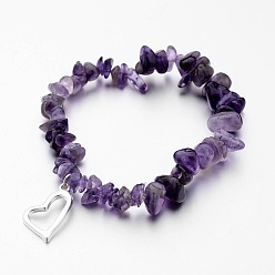 Amethyst Alloy Charm Bracelets, Heart, with Natural Amethyst Chip Beads and Elastic Crystal Thread, Silver Color Plated, 2-1/4 inch(55mm)