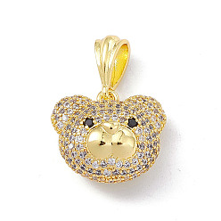 Clear Brass Micro Pave Cubic Zirconia Pendants, Bear Head Charm, Golden, Clear, 16.5x18.5x11mm, Hole: 6.5x3mm