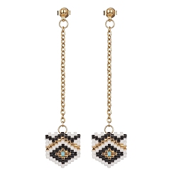 Golden Eye Arrow Stud Earrings for Women, Seed Beads Long Drop Earring with 304 Stainless Steel Ear Stud, Golden, 65x15mm