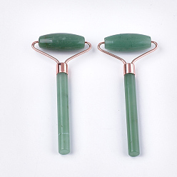Green Aventurine Natural Green Aventurine Massage Tools, Facial Rollers, with Brass Findings, Rose Gold, 130x59x19mm