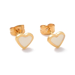 White 304 Stainless Steel Enamel Stud Earrings, with 316 Surgical Stainless Steel Pin, Golden, Heart, White, 7x7.5x2mm, Pin: 0.8mm