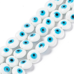 White Handmade Evil Eye Lampwork Beads Strands, Flat Round, White, 14~15.5x8mm, Hole: 1~1.4mm, about 14pcs/strand, 12.60 inch(32cm)