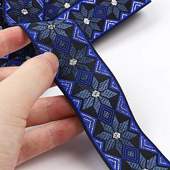 Midnight Blue Ethnic Style Embroidery Polyester Ribbons, Jacquard Ribbon, Garment Accessories, Flower Pattern, Midnight Blue, 1-1/4 inch(33mm), about 7.44 Yards(6.8m)/Roll