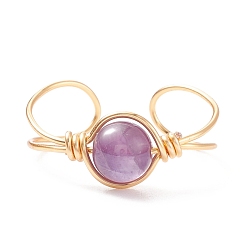 Amethyst Natural Amethyst Round Beaded Open Cuff Ring, Copper Wire Wrap Gemstone Jewelry for Women, Golden, US Size 9(18.9mm)