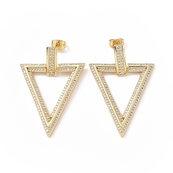 Настоящее золото 18K Прозрачные кубические циркониевые полые треугольные серьги-гвоздики с подвесками, украшения из латуни для женщин, реальный 18 k позолоченный, 42x28 мм, штифты : 0.8 мм
