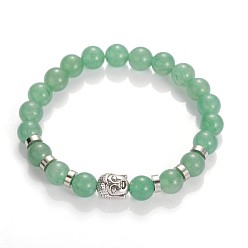 Green Aventurine Buddha Head Gemstone Beaded Stretch Bracelets, with Tibetan Style Beads and Brass Beads, Green Aventurine, 55mm