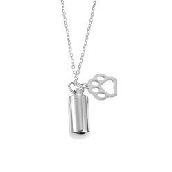 Silver Stainless Steel Bullet with Paw Print Urn Ashes Pendant Necklace, Memorial Jewelry for Men Women, Silver, 19.69 inch(50cm)
