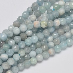 Aquamarine Faceted Round Grade AB Natural Aquamarine Bead Strands, 6mm, Hole: 1mm, about 63pcs/strand, 15.5 inch