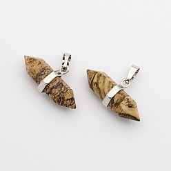 Picture Jasper Natural Picture Jasper Double Terminated Pointed Pendants, with Platinum Plated Brass Findings, Bullet, 15.5x30~35x8~9mm, Hole: 5x7.5mm