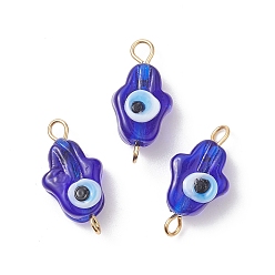 Azul Dijes de conector de murano de mal de ojo hechos a mano, Eslabones de mano de hamsa con tono dorado 304 bucles dobles de acero inoxidable, azul, 20.5~21x10~10.5x6~6.5 mm, agujero: 2~2.5 mm