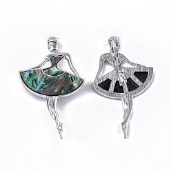 Dark Slate Gray Abalone Shell/Paua Shell Brooches/Pendants, with Resin Bottom and Alloy Findings, Dancer, Platinum, Dark Slate Gray, 79x44x9.5mm, hole: 7x4mm, Pin: 0.7mm