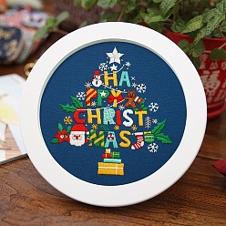 Arbre de Noël Kits de broderie de thème de noël bricolage, y compris le tissu en coton imprimé, fil à broder et aiguilles, cercle à broder en plastique, arbre de Noël, 275x275mm