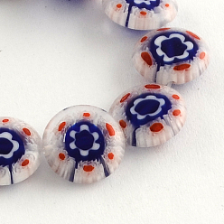 Bleu Moyen  Brins de perles en verre de millefiori faites à la main, plat rond, bleu moyen, 12x4mm, Trou: 1mm, Environ 33 pcs/chapelet, 14.5 pouce