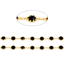 Black Handmade Brass Link Chains, with Glass Faceted Rhinestone & Spool, Soldered, Long-Lasting Plated, Real 18K Gold Plated, Flower, Black, Flower: 12x6.5x3mm, about 32.8 Feet(10m)/roll