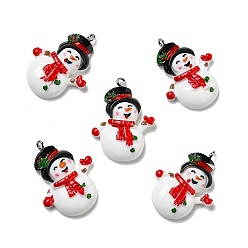 White Opaque Resin Pendants, with Platinum Tone Iron Loops, Christmas Theme, Snowman, White, 34x25x7.5mm, Hole: 3mm