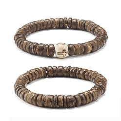 Couleur Mélangete Ensemble de bracelets extensibles de perles de noix de coco rondes plates, pour homme femme, couleur mixte, diamètre intérieur: 2-1/8~2-1/4 pouce (5.5~5.7 cm), 2 pièces / kit