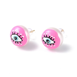 Hot Pink Natural Shell Eye Stud Earrings with Enamel, Real 18K Gold Plated Brass Jewelry for Women, Hot Pink, 15mm, Pin: 0.8mm