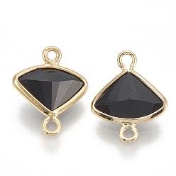 Black Glass Links connectors, with Brass Findings, Faceted Fan, Real 18K Gold Plated, Black, 12.5x10x3mm, Hole: 1mm