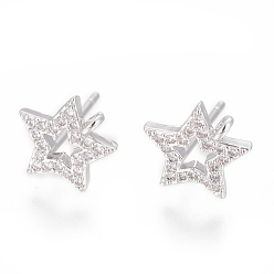 Platinum Brass Stud Earring Findings, with Cubic Zirconia and Loop, Star, Clear, Platinum, 10.5x10mm, Hole: 1.2mm, Pin: 0.8mm
