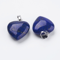 Lapis Lazuli Naturelles lapis-lazuli pendentifs, avec les accessoires en laiton, cœur, teint, platine, 23x20x7~9mm, Trou: 5x8mm