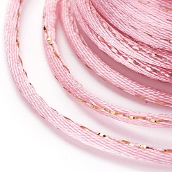 Pink Polyester cordon, Avec cordon métallique d'or, corde à nouer chinoise, rose, 1.5mm, environ 4.37 yards (4m)/rouleau