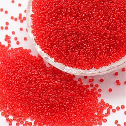 Roja 15/0 perlas de cristal de la semilla, Grado A, rondo, colores transparentes, rojo, 1.3~1.5 mm, agujero: 0.5 mm, sobre 75000 unidades / libra