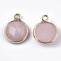 Rose Quartz Natural Rose Quartz Charms, with Light Gold Plated Brass Edge and Loop, Half Round/Dome, Faceted, 14x11x5mm, Hole: 1.5mm