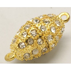 Golden Alloy Magnetic Clasps with Loops, With Rhinestone, Oval, Golden, 25x13mm, Hole: 2mm