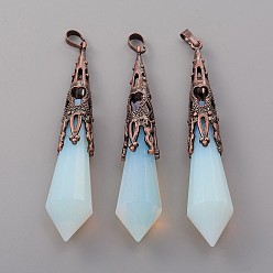 Opalite Opalite Big Pointed Pendants, with Brass Bead Cap Bails, Bullet, Red Copper, 68~75x15~16mm, Hole: 8x5mm