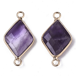 Amethyst Natural Amethyst Links Connectors, with Edge Light Gold Plated Brass Findings, Faceted, Rhombus, 29~30x15x4mm, Hole: 2.5mm