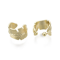 Real 18K Gold Plated Brass Cuff Earrings, Feather,  Nickel Free, Real 18K Gold Plated, 8.5x9mm
