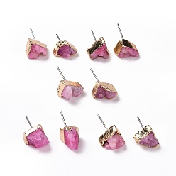 Violet Natural Dyed Druzy Quartz Stud Earrings, with Brass Findings, Nuggets, Golden, Violet, 3~13x3~13x4~9mm, Pin: 0.7mm