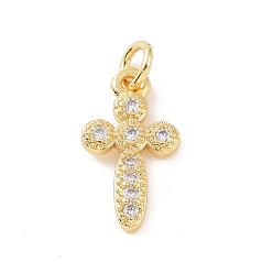 Oro Micro latón allanan encantos de circonio cúbico, con anillo de salto, encanto de la cruz de la religión, dorado, 15x8x1.5 mm, agujero: 2.8 mm