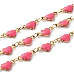 Pink Ion Plating(IP) Golden 304 Stainless Steel Heart Link Chain, with Enamel, Soldered, Pink, 10x5x2.7mm