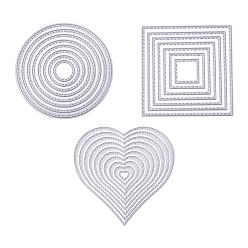 Silver Carbon Steel Cutting Dies Stencils Sets, For DIY Scrapbook Album Paper Card, Heart & Square & Flat Round, Silver, 13~120x13~120x1mm