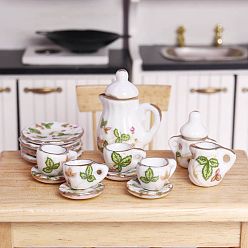 Hoja Mini juegos de té de cerámica, incluyendo taza, tetera, platillo, accesorios de casa de muñecas micro jardín paisajístico, simulando decoraciones de utilería, hoja, 13~27 mm, 15 PC / sistema