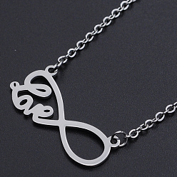 Stainless Steel Color Valentine's Day Theme, 201 Stainless Steel Pendant Necklaces, with Cable Chains and Lobster Claw Clasps, Infinity with Word Love, Stainless Steel Color, 17.12 inch(43.5cm), 2mm