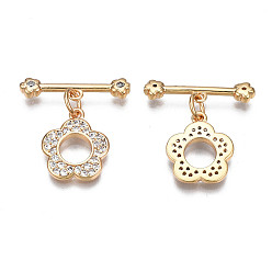 Real 18K Gold Plated Brass Micro Pave Clear Cubic Zirconia Toggle Clasps, Nickel Free, Flower, Real 18K Gold Plated, Flower: 14x12x2mm, Bar: 20x5x2.5mm, Jump Ring: 5x1mm, 3mm inner diameter