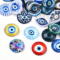 Mixed Color Flatback Glass Cabochons, Half Round/Dome with Evil Eye & Hamsa Hand Pattern, Mixed Color, 12x3.5~4mm, 100pcs/bag